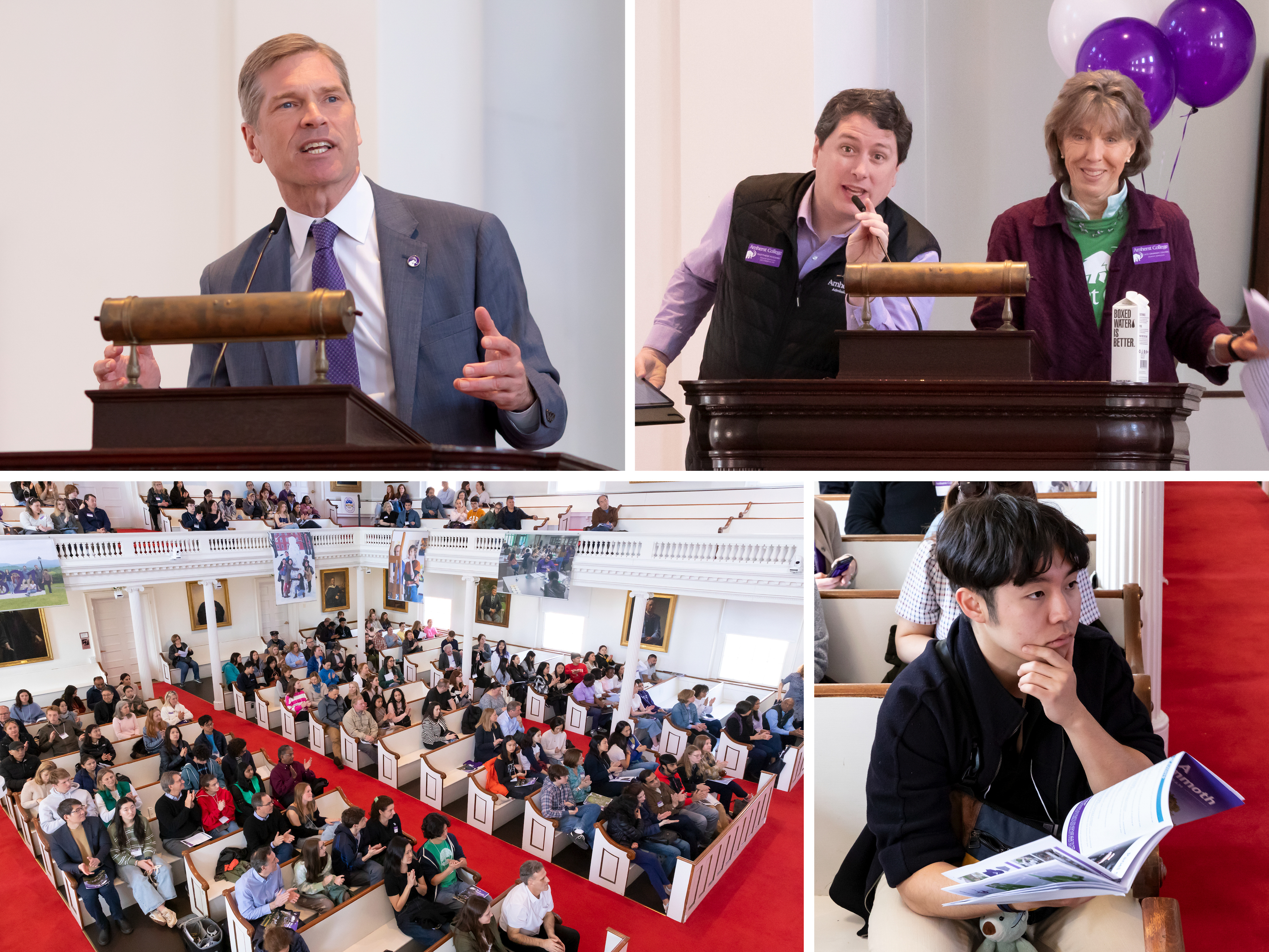 A college of 4 photos showing speakers and audience members inside Johnson Chapel during Be a Mammoth Day at Amherst College.