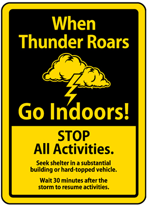 A yellow sign saying: "When Thunder Roars Go Indoors"