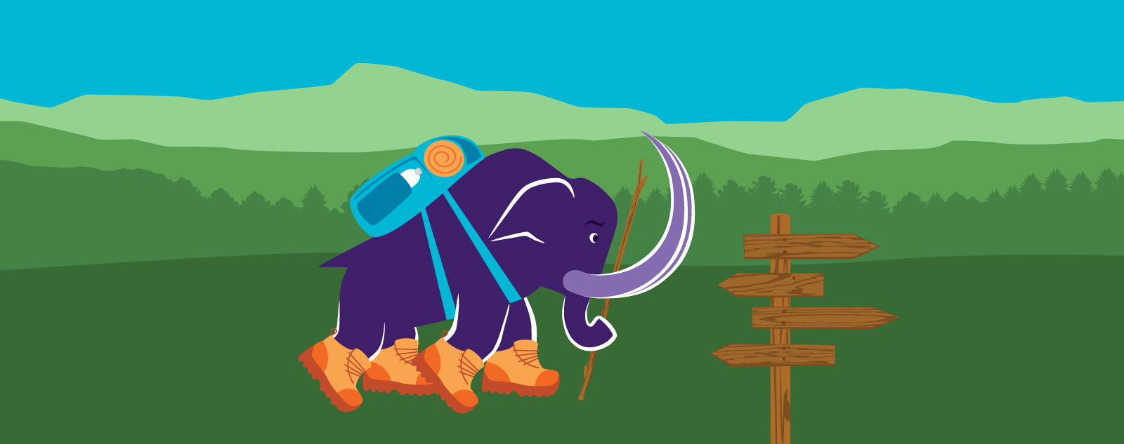 illustration of a purple mammoth wearing hiking boots, a trail sign, and mountains in the background
