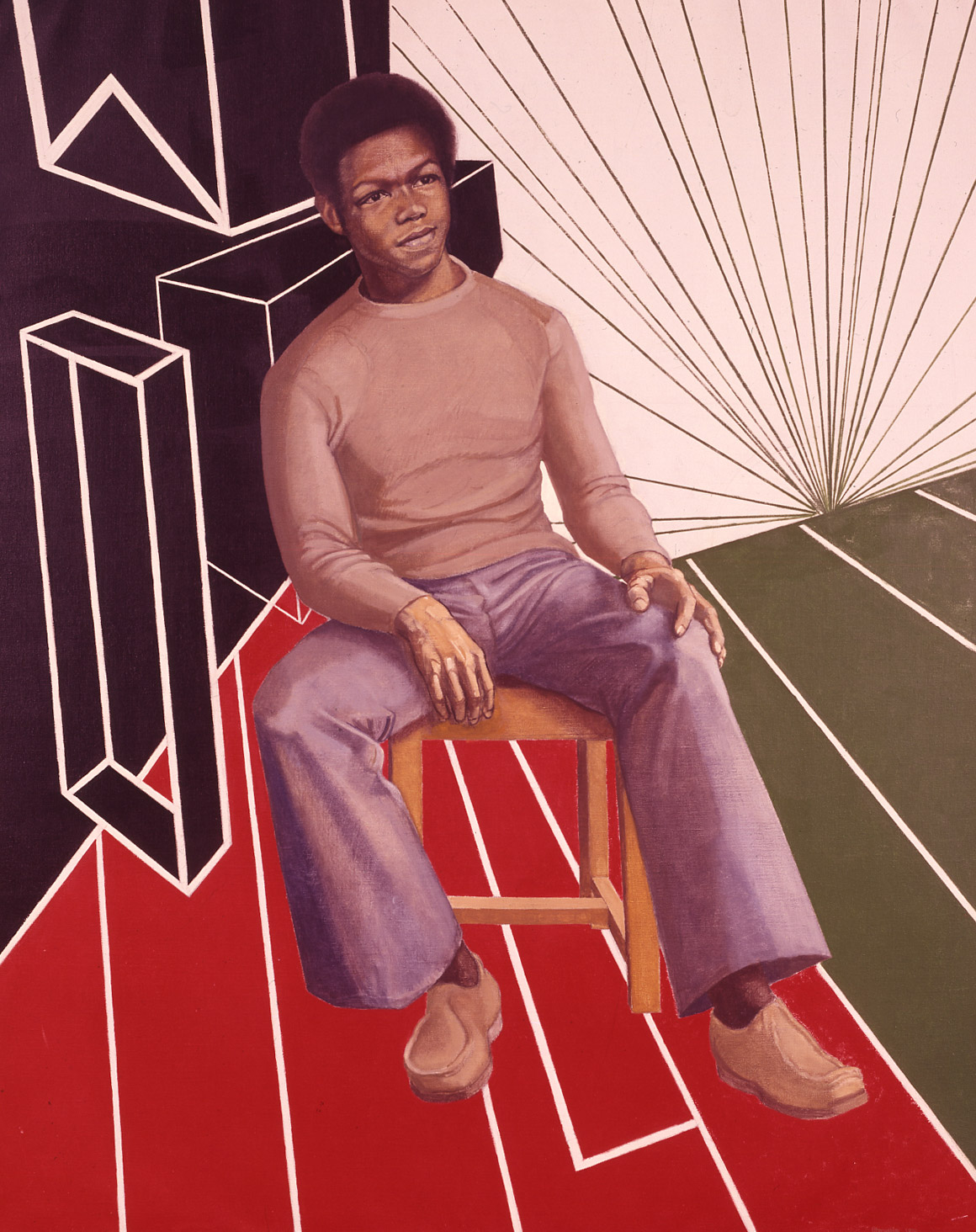 Painted portrait of Gerald Penny wearing a brown shirt and purple pants, and sitting against a bold background of red and black with strong decorative lines