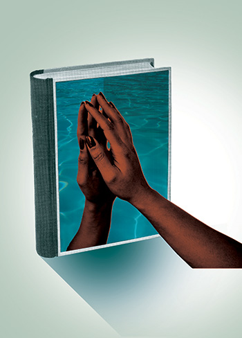 An illustration of a hand being held up to a book