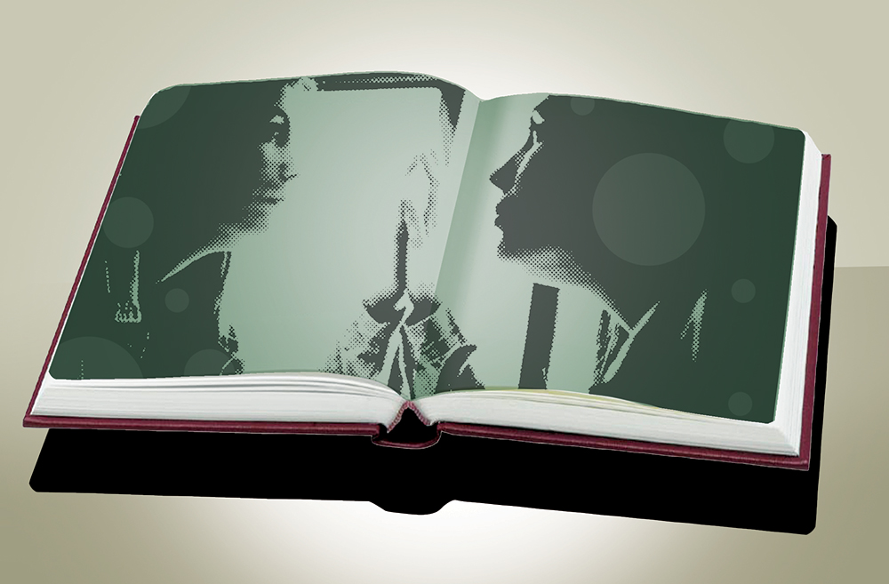 An illustration of an open book showing two people talking