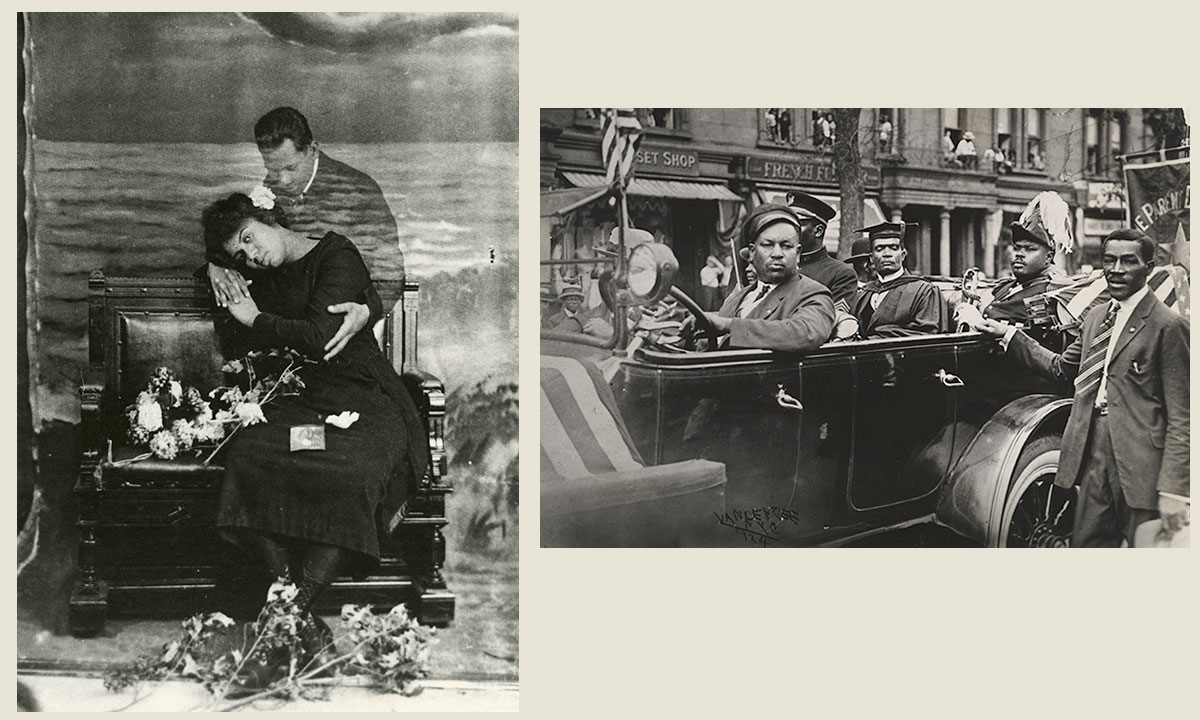 Two photos of Black performers and a group of Black men in a 1940s car