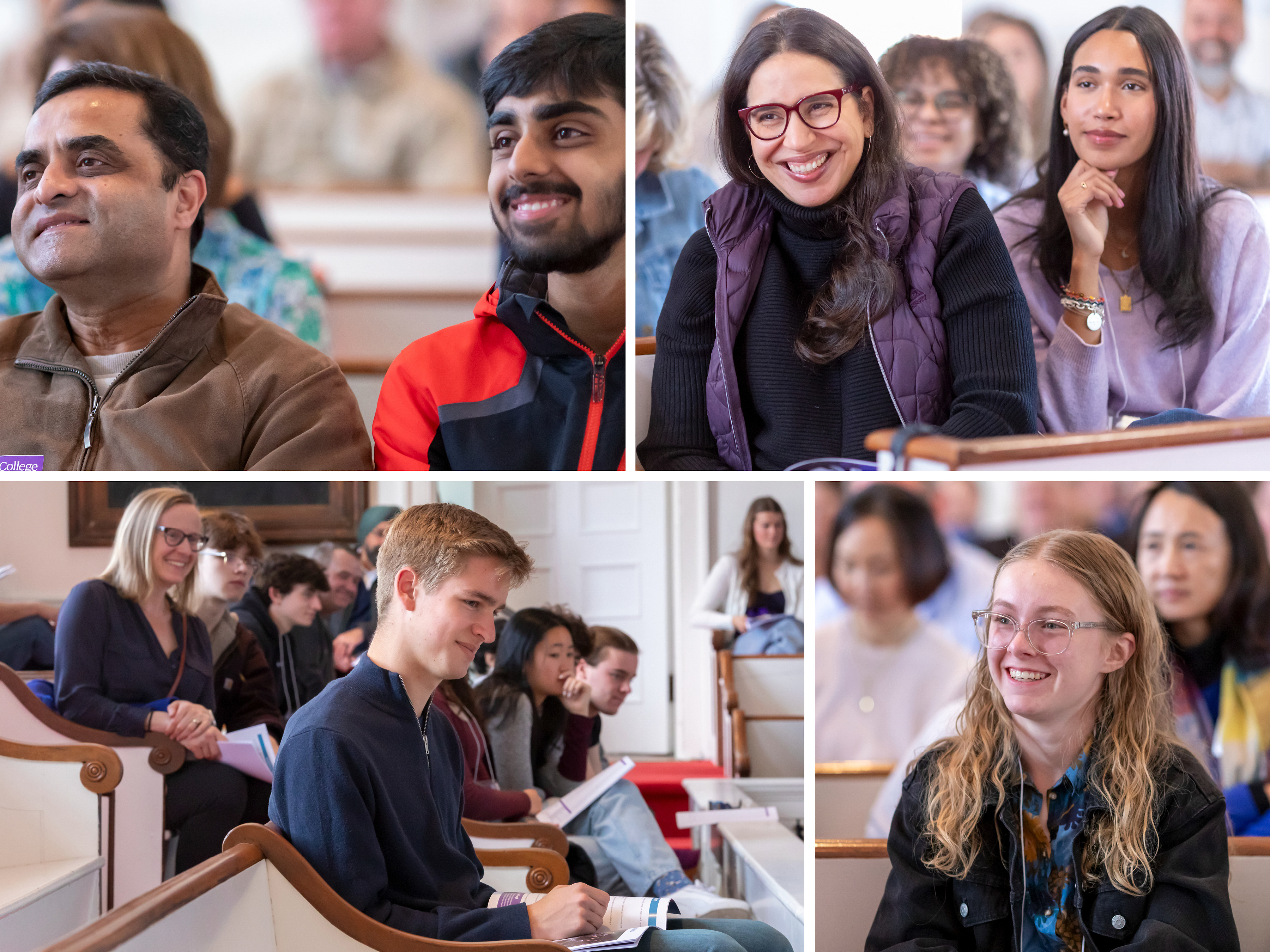 A collage of 4 photos showing prospectives students and their families attending a session during Be A Mammoth Day at Amherst College.
