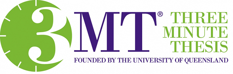A logo saying 3MT Three Minute Thesis Founded by the University of Queensland