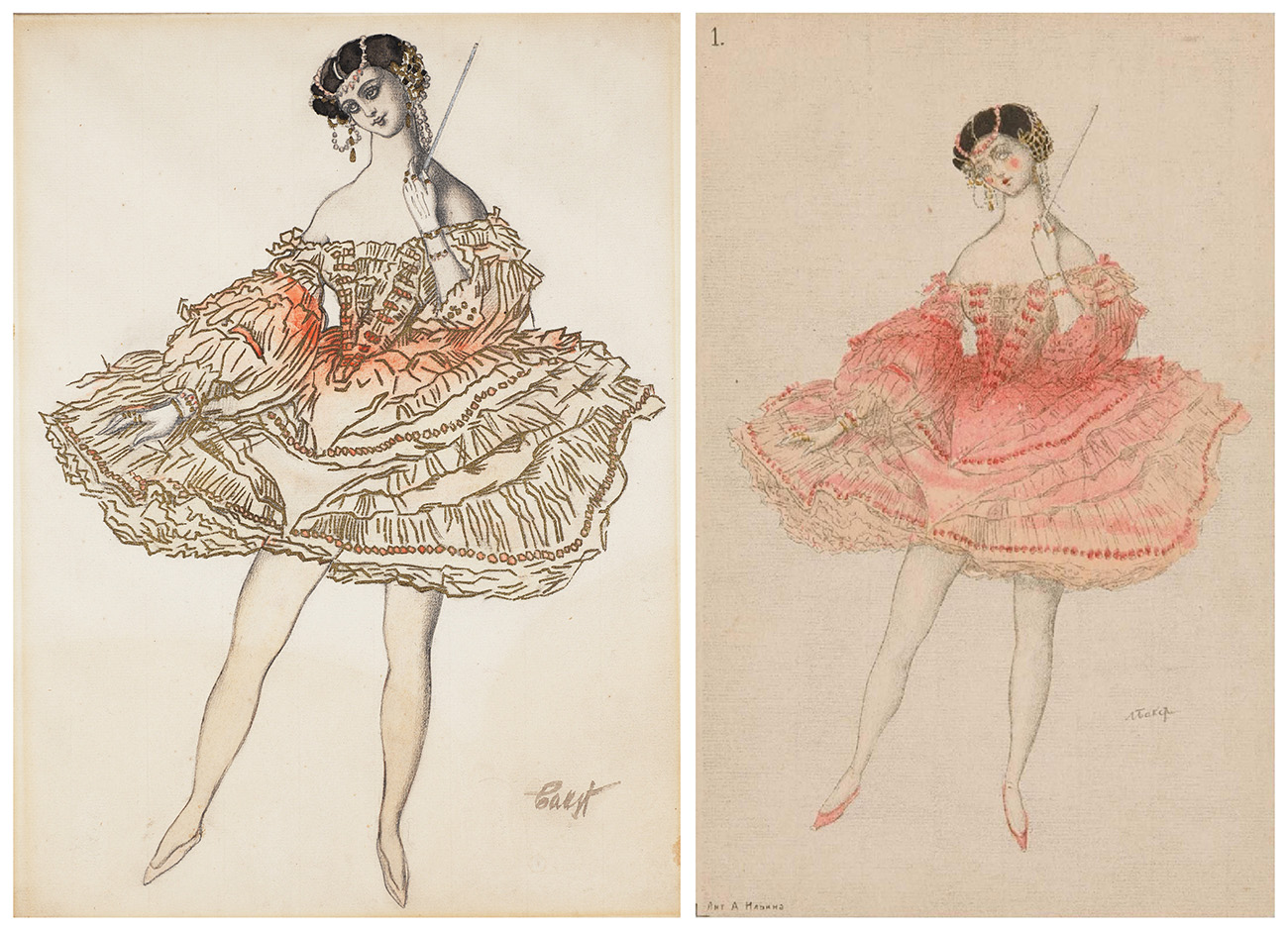 Two illustrations of ballerinas in a dancing pose