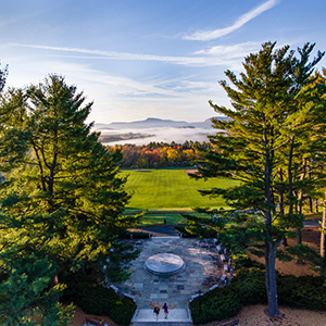 An aerial photo of the war memorial, memorial hill and the holyoke range
