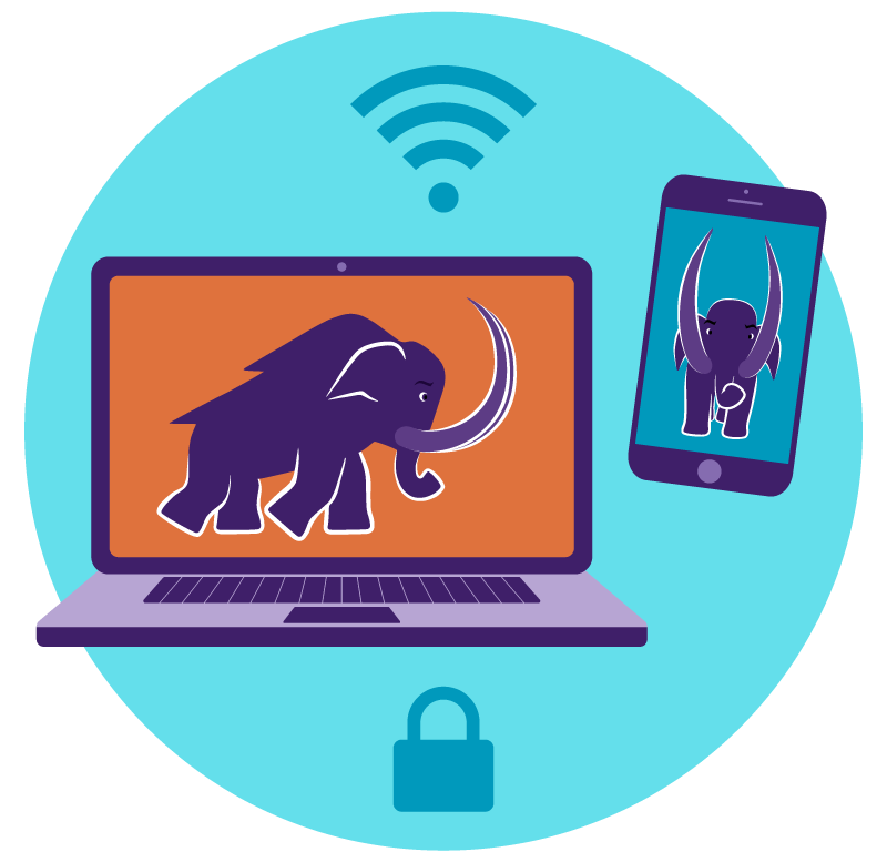 Laptop and phone with mammoths on them and wifi symbol and a padlock