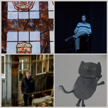 A square photo of four works of art