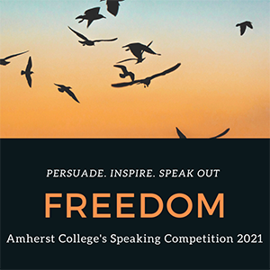A photo of birds flying at sunset with the words: Freedom Amherst College's Speaking competition 2021