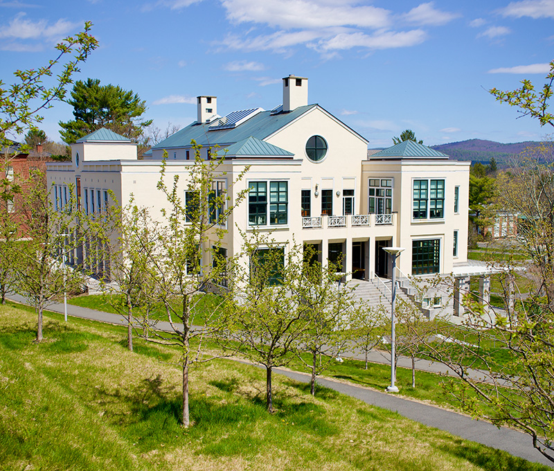The Keefe Campus center in bright spring sunlight