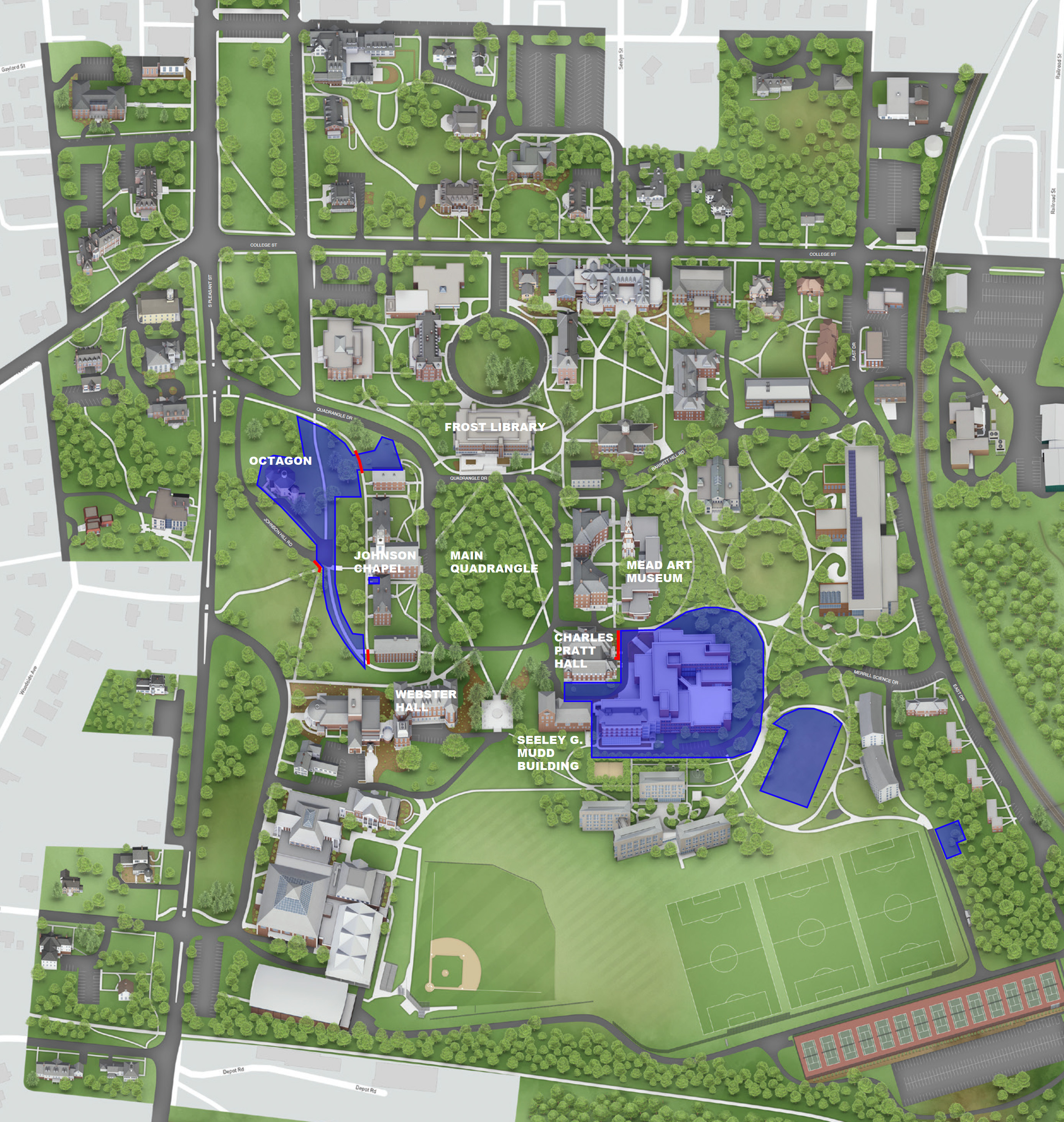 A map of campus with shaded areas as described within the accompanying text
