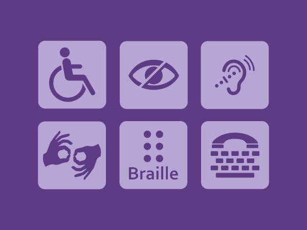 icons representing accessibility, including a wheelchair, Braille, and sign language