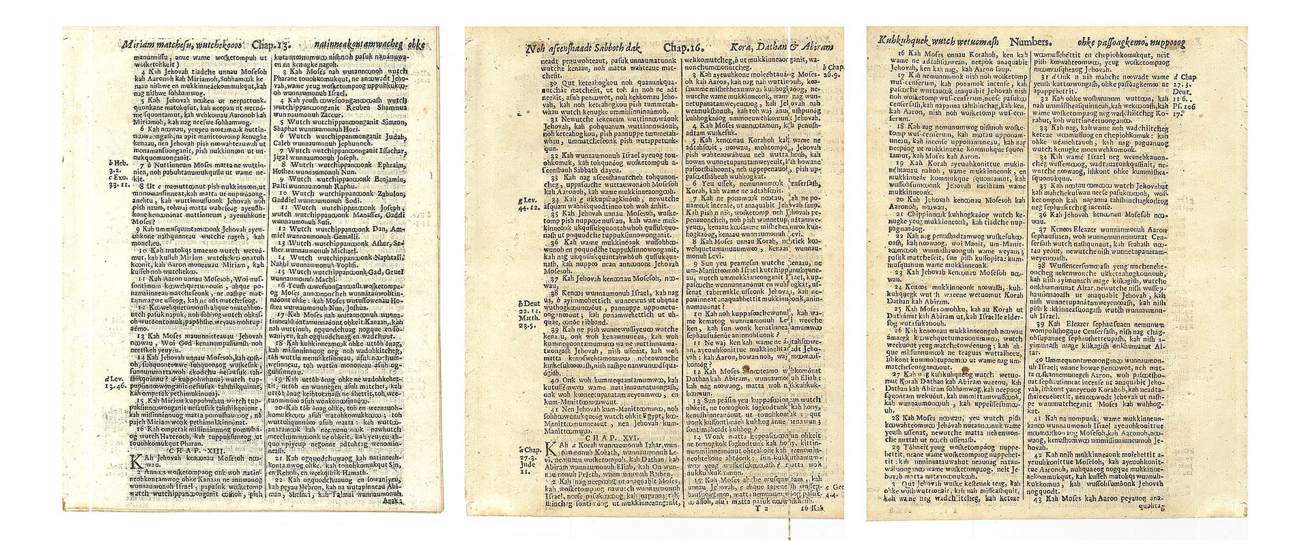 A spread from the archival book "Mamusse Wunneetupanatamwe Up-Biblum God," featuring the first translation of the Bible into a Native American language.