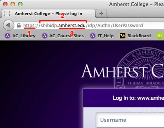 screen capture of a legitimate Amherst College login page