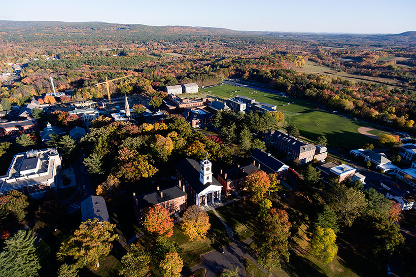 Aerial view of Amherst College campus in the fall