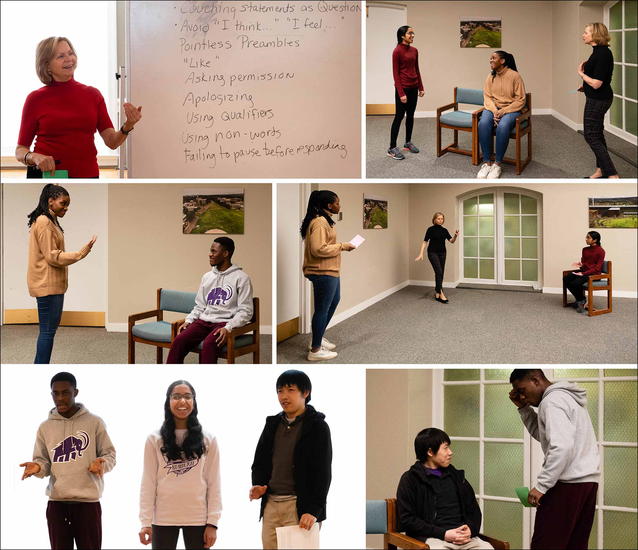 Collage of images of students practicing their public speaking skills