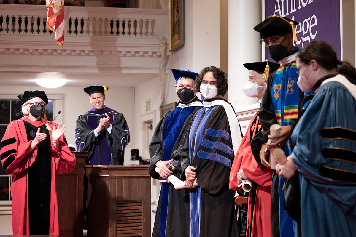 Faculty in academic regalia attending the Convocation ceremony at Amherst College in the fall of 2022.