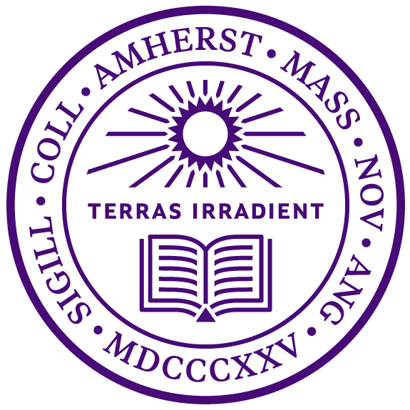 Amherst College seal in purple with words Terras Irradient