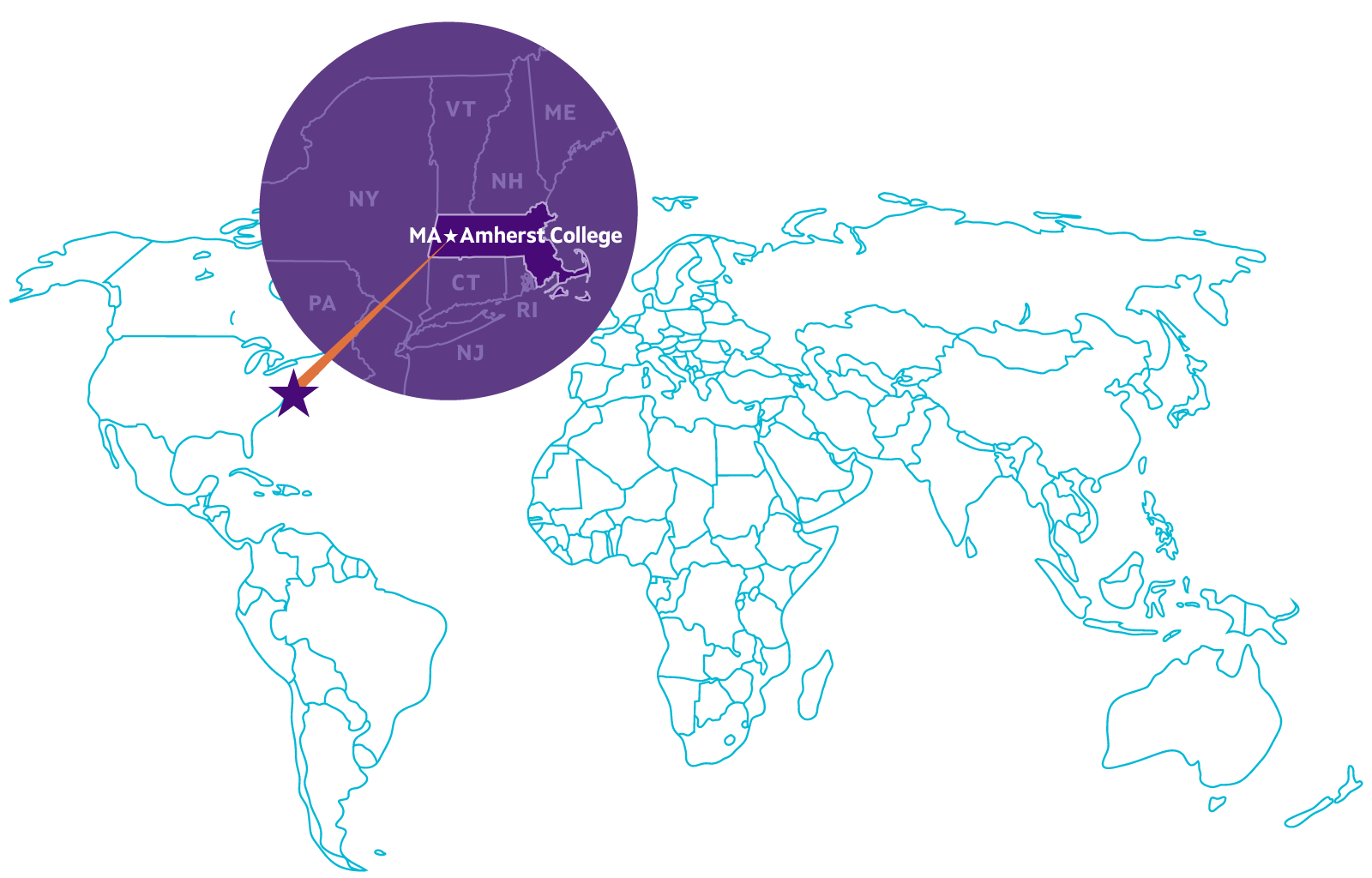 Massachusetts and Amherst College on world map