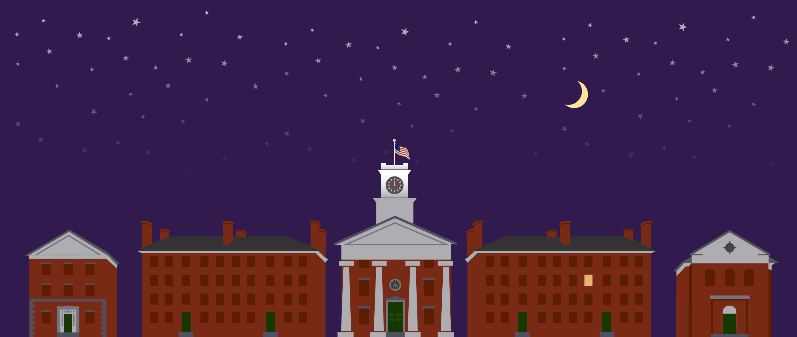 College Row buildings under a starry sky and crescent moon