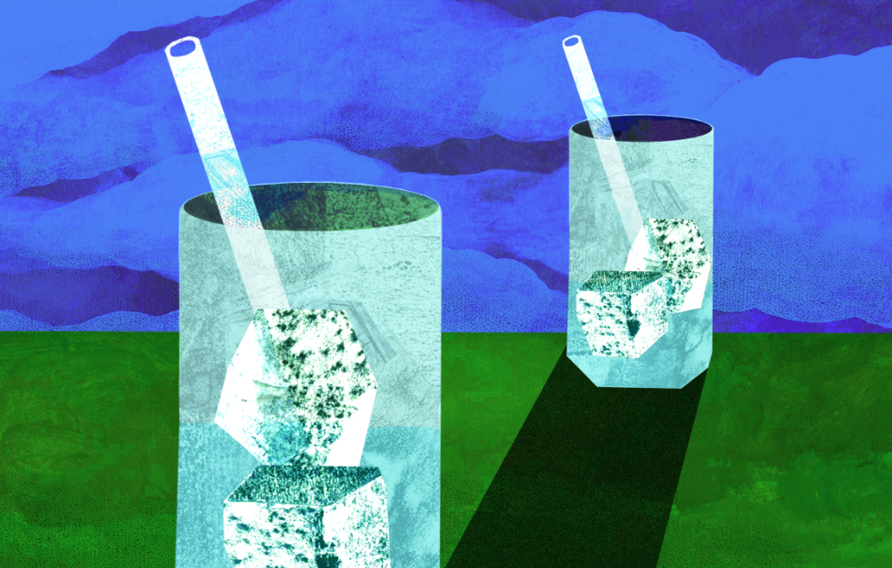 An illustration of two glasses with ice cubes and straws