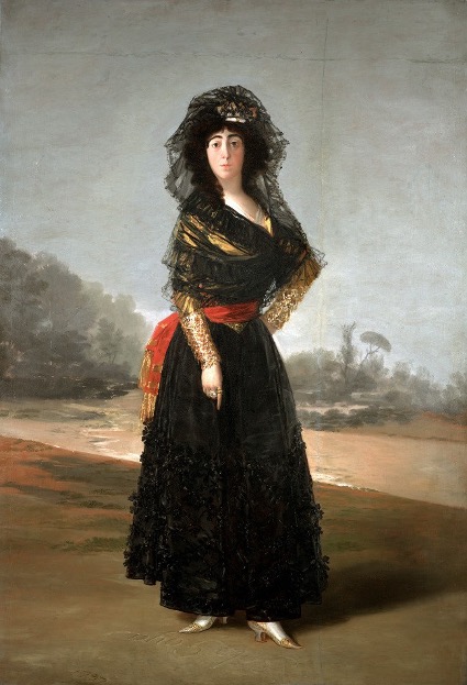 Painting of a woman in a black dress pointing towards the ground