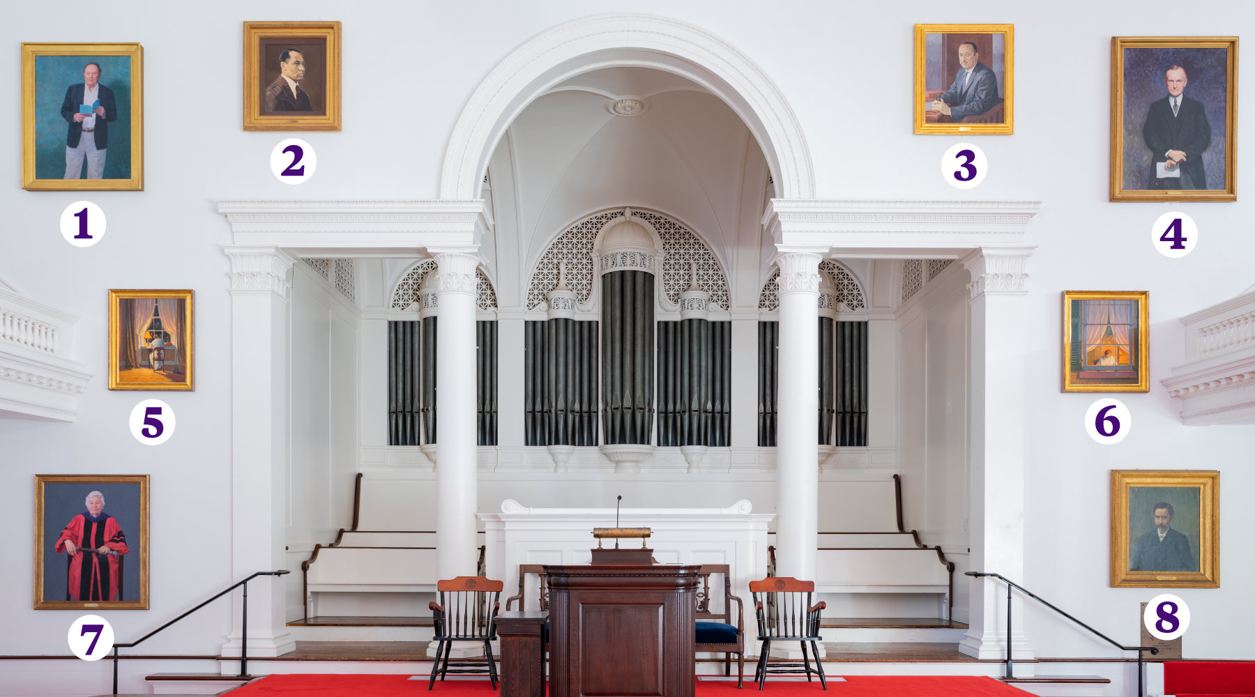 East wall of Johnson Chapel with portraits numbered