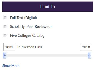 screenshot of Discover left-hand limiter, with Full Text Digital, Scholarly Peer Reviewed, and Five Colleges Catalog checkboxes
