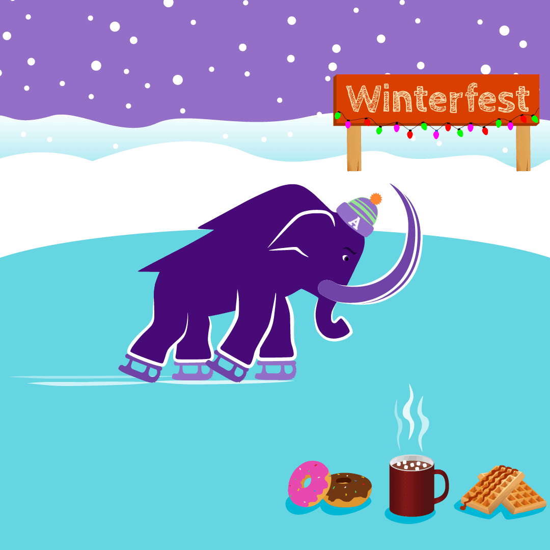 Mammoth ice skating past Winterfest sign, a mug of hot chocolate, and waffles with toppings