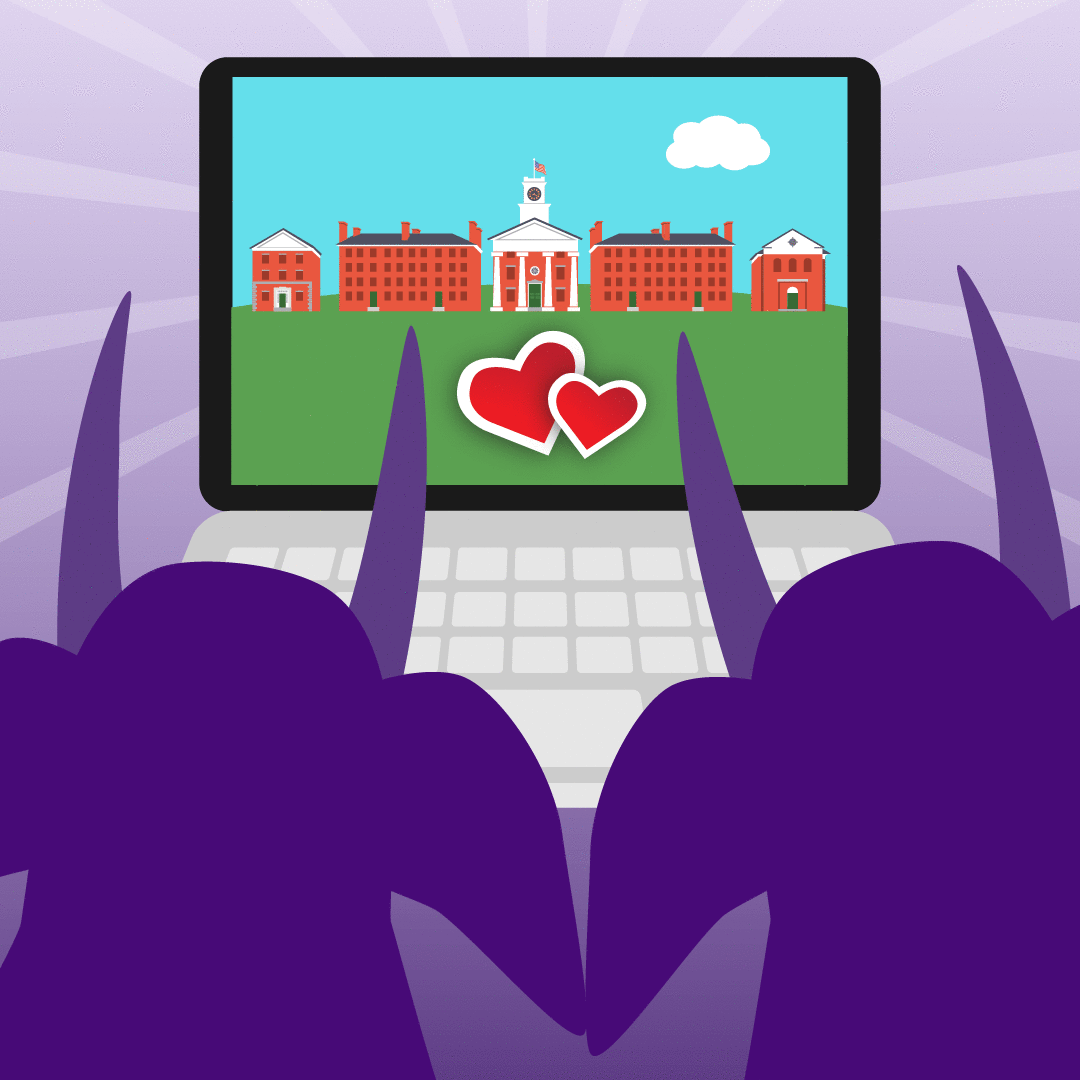 two mammoths sit in front of a laptop showing the Amherst College campus with hearts rising