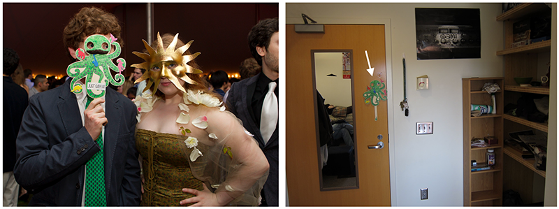 Two photos: one of a man with an octopus mask and another with that mask hanging on a door