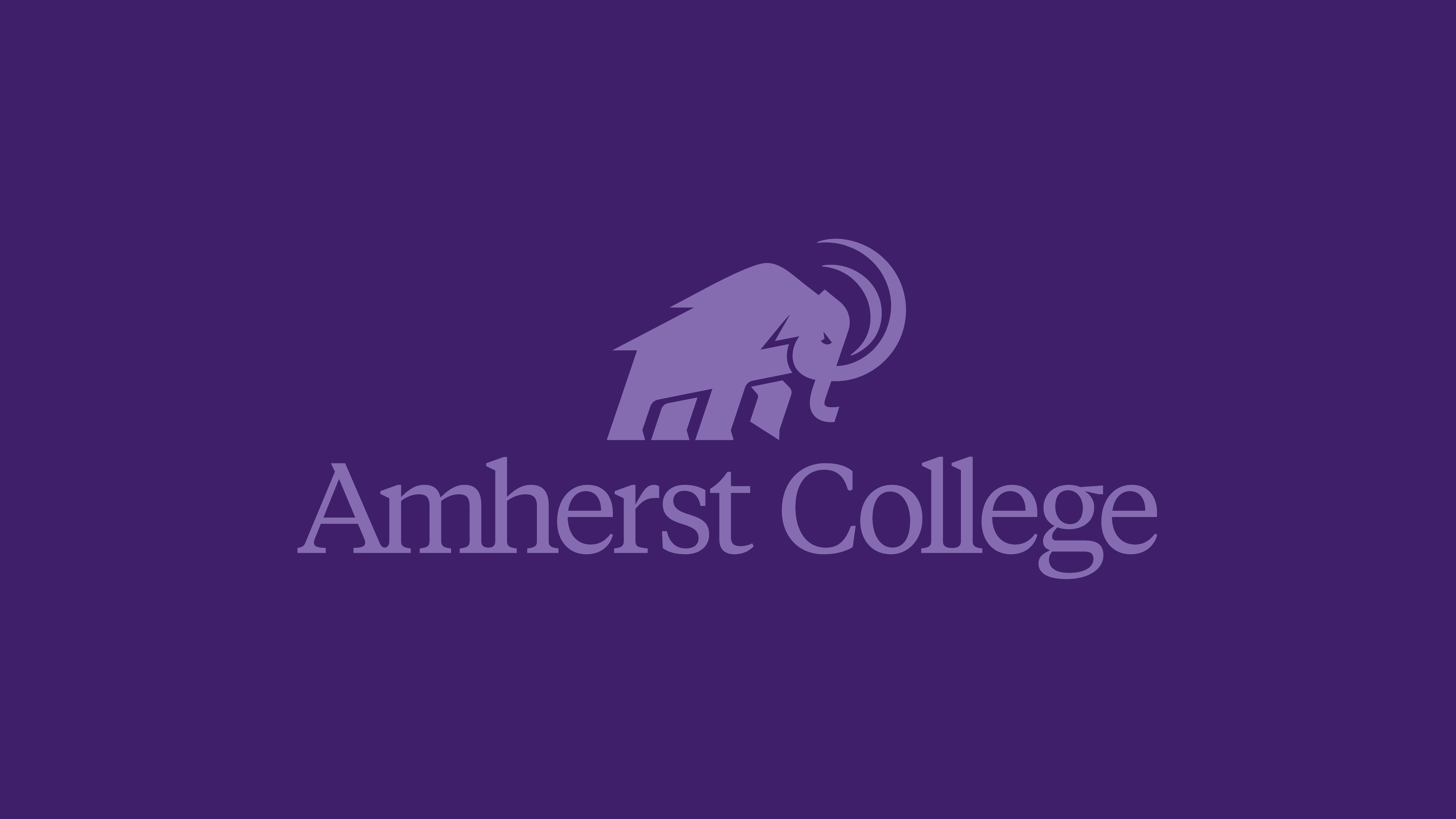 Light purple mammoth logo and Amherst College wordmark on dark purple background
