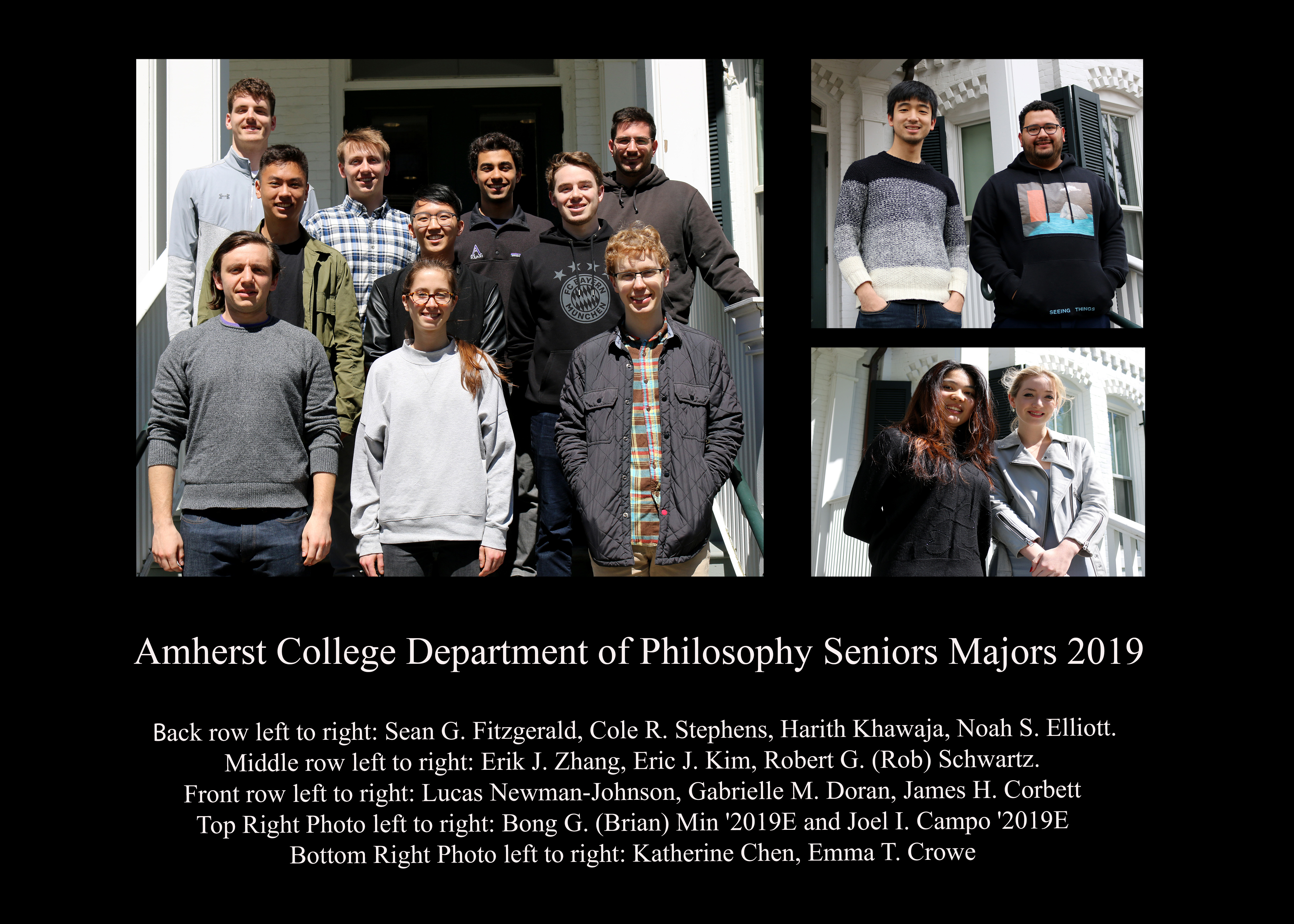 Fourteen seniors who are Philosophy majors at Amherst College posing together outside