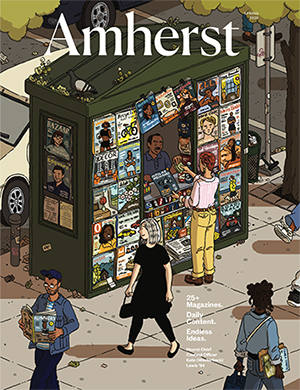 The previous Amherst Magazine showing people walking past a newsstand