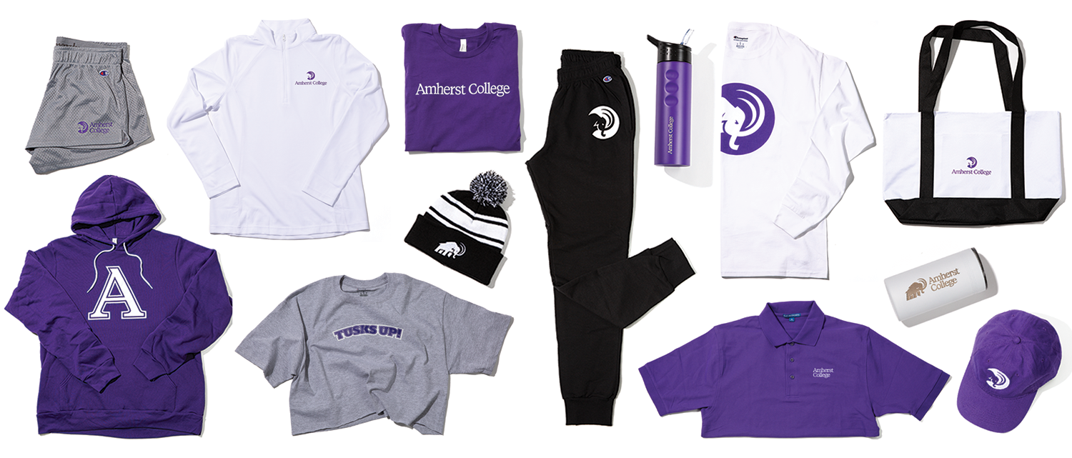 variety of Amherst merchandise, including t-shirts, sweatpants, tote, ball cap and more
