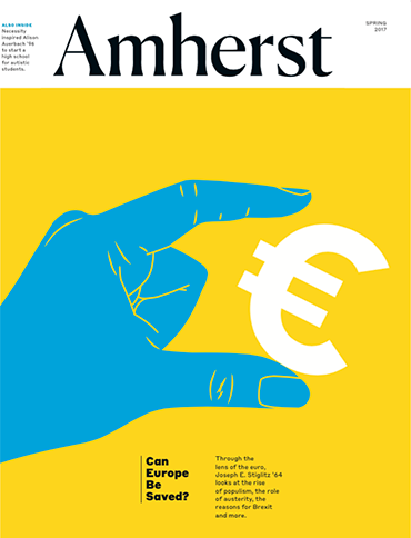 Magaine cover with illustration of a large blue hand holding a euro symbol.
