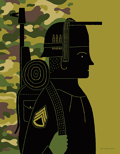 Illustration of a soldier carrying a weapon.