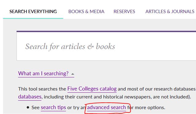 screenshot of library homepage, with advanced search link in "what am I searching?" text highlighted