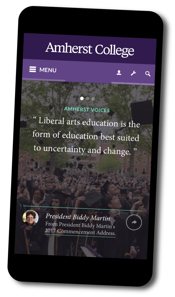 Amherst College homepage shown on a mobile phone