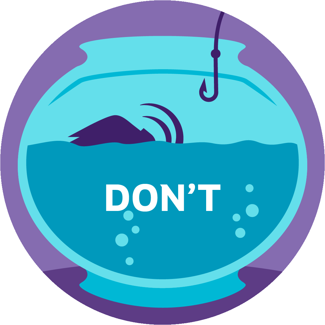 Don't get phished. Mammoth swimming in a fish bowl avoiding a hook hanging from above.