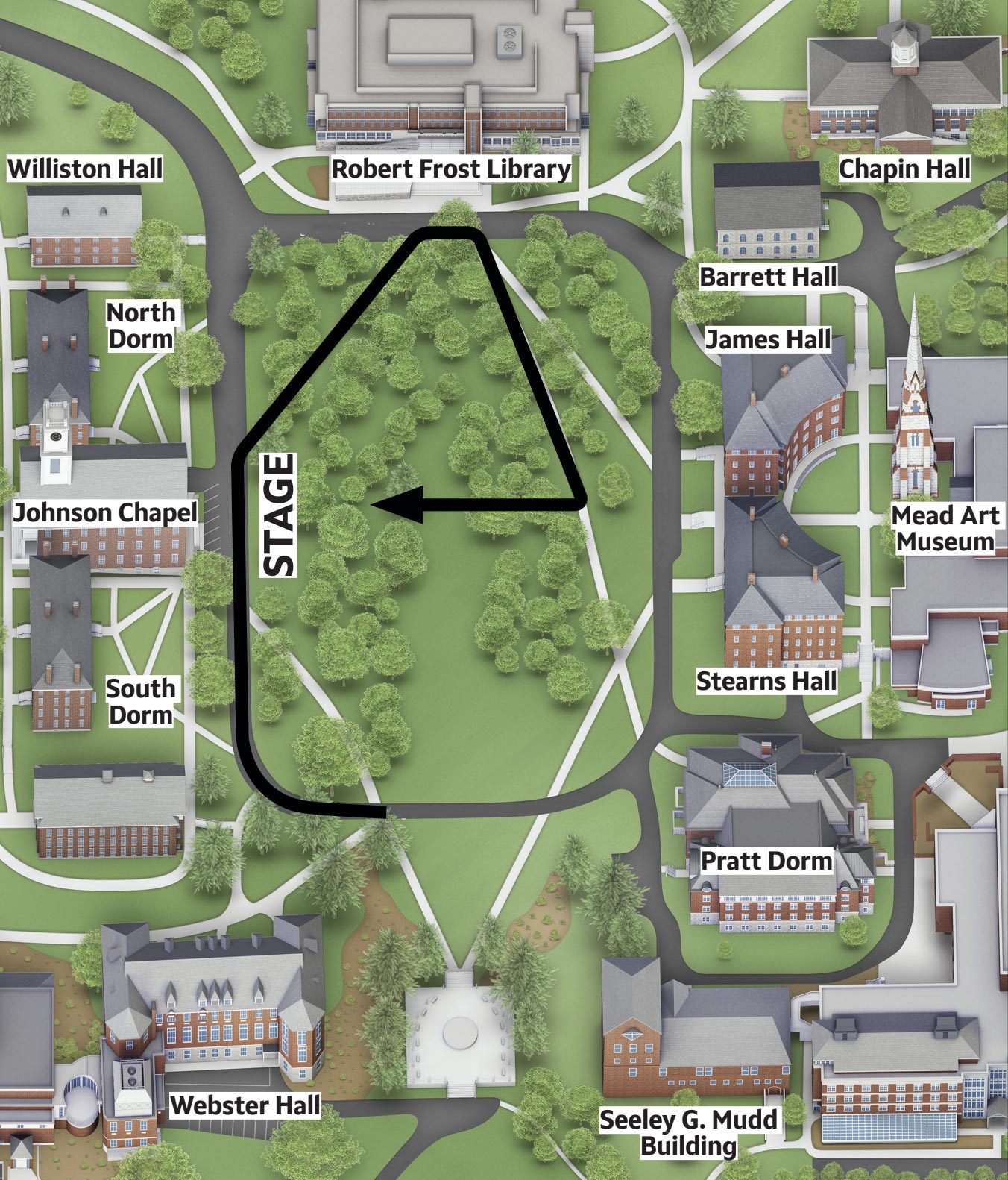 map of procession route from Memorial Hill and circling the quad