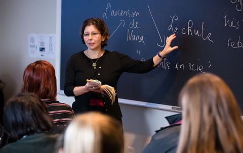 Prof. Laure Katsaros teaching a class during homecoming