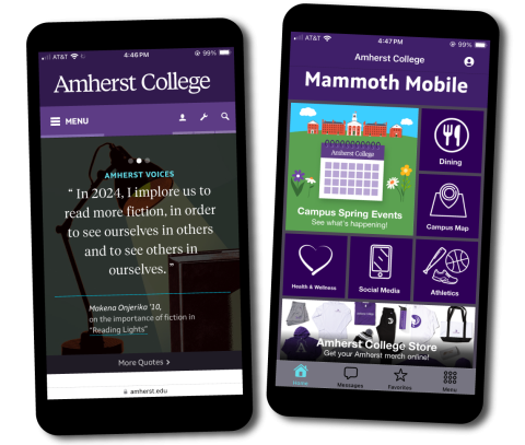 Amherst website and mobile app shown on phones