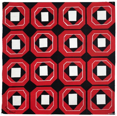 A four by four grid of layered red, black, and white geometric shapes.