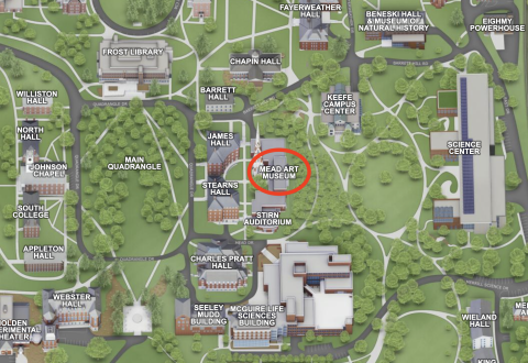 A map of Amherst College with Mead Art Museum circled in red