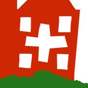 An illustration of a red house with a cross for a window